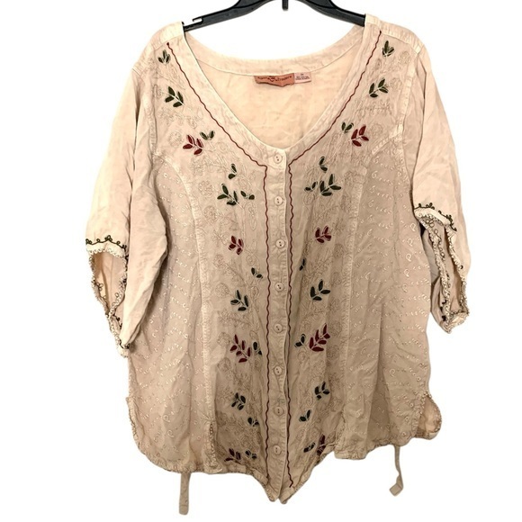 Vintage Agan Traders Boho Bohemian Embroidered Top Blouse Shirt Cream Green 3XL - Picture 1 of 14
